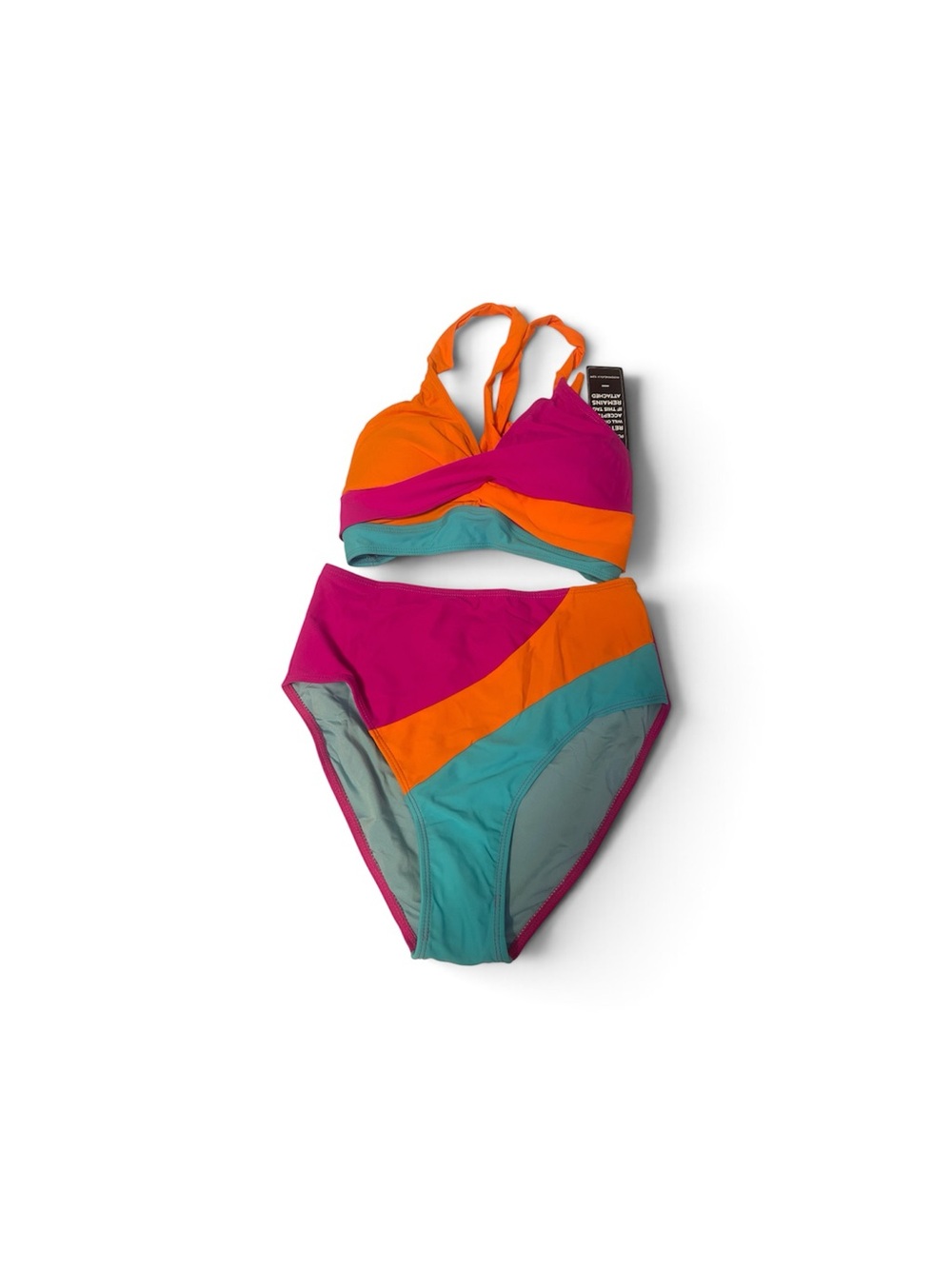 Colorblock High-Waist Bikini Set - Pink, Orange & Teal